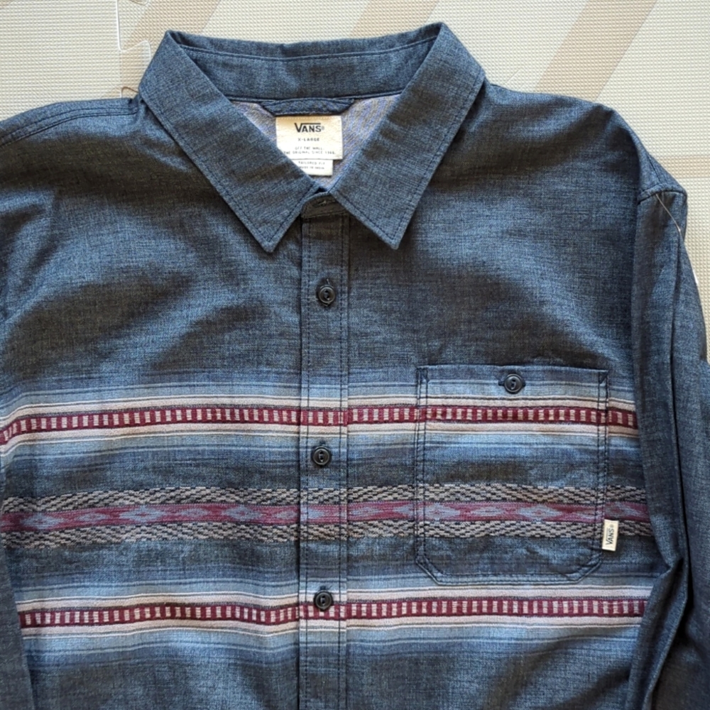 VANS mens Large/XL  Grey/Blue Chambray Western Stripe Long Sleeve Shirt